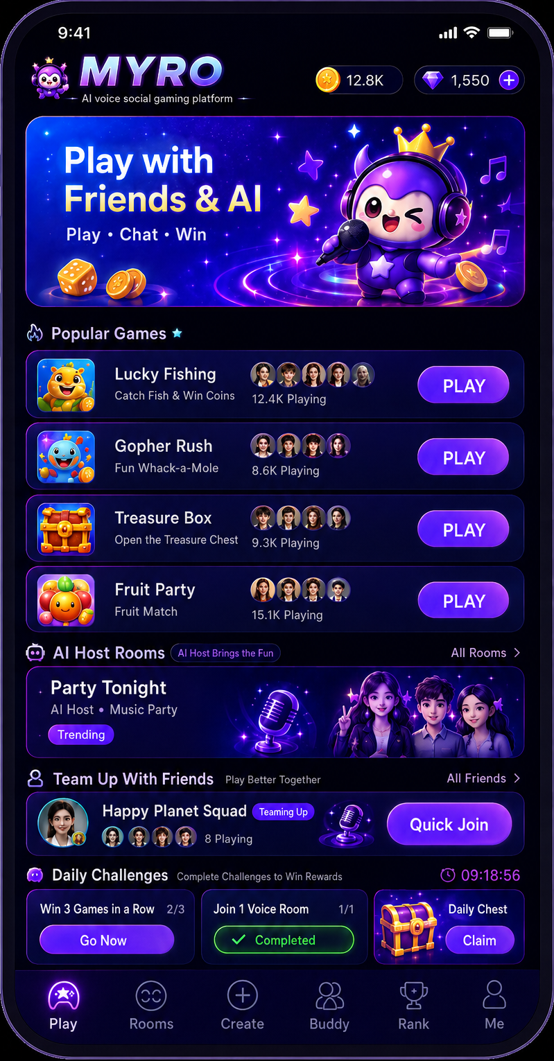MYRO social gaming home screen